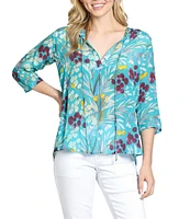 APNY Woven Floral Print V-Neck 3/4 Sleeve Tassel Tie Blouse