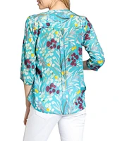 APNY Woven Floral Print V-Neck 3/4 Sleeve Tassel Tie Blouse