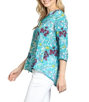 APNY Woven Floral Print V-Neck 3/4 Sleeve Tassel Tie Blouse