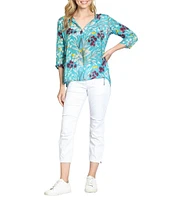 APNY Woven Floral Print V-Neck 3/4 Sleeve Tassel Tie Blouse
