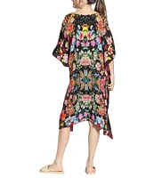 APNY Woven Floral Print V-Neck Short Sleeve Handkerchief Hem Kaftan Dress