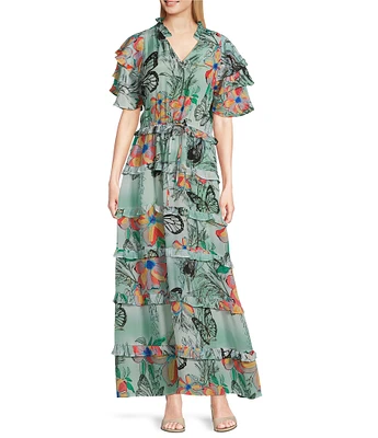 APNY Woven Floral Print V-Neck Short Sleeve Ruffle Tiered Maxi A-Line Dress