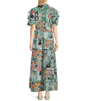 APNY Woven Floral Print V-Neck Short Sleeve Ruffle Tiered Maxi A-Line Dress