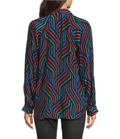 APNY Woven Geometric Print V-Neck Long Sleeve Blouse