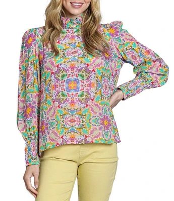 APNY Woven Mock Neck Long Sleeve Abstract Print Blouse
