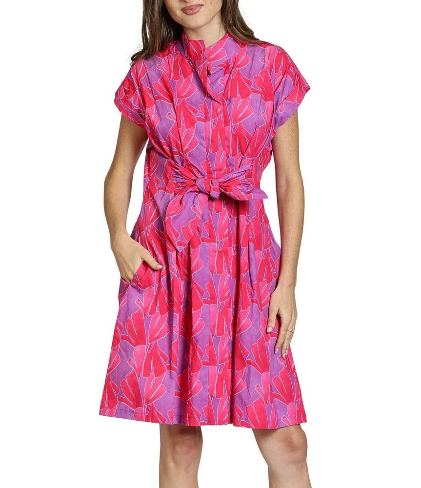 APNY Woven Printed Banded Collar Short Sleeve Shirt Dress