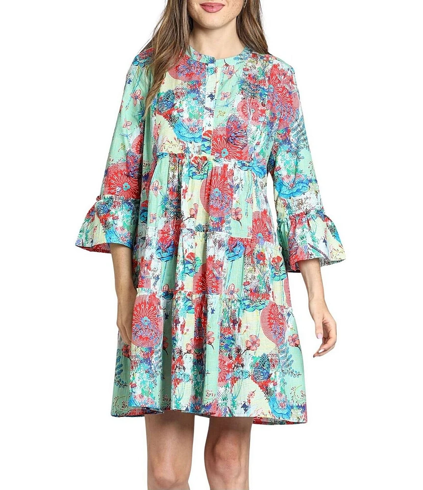 APNY Woven Printed Crew Neck 3/4 Sleeves Shift Dress