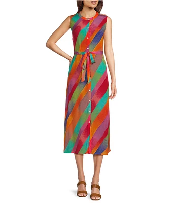 APNY Woven Printed Mandarin Collar Sleeveless Midi A-Line Dress