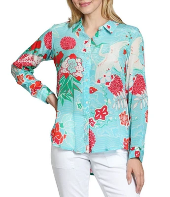 APNY Woven Printed Point Collar Long Sleeve Button Front Shirt