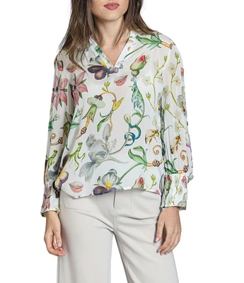 APNY Woven Printed Split V-Neck Long Sleeve Blouse