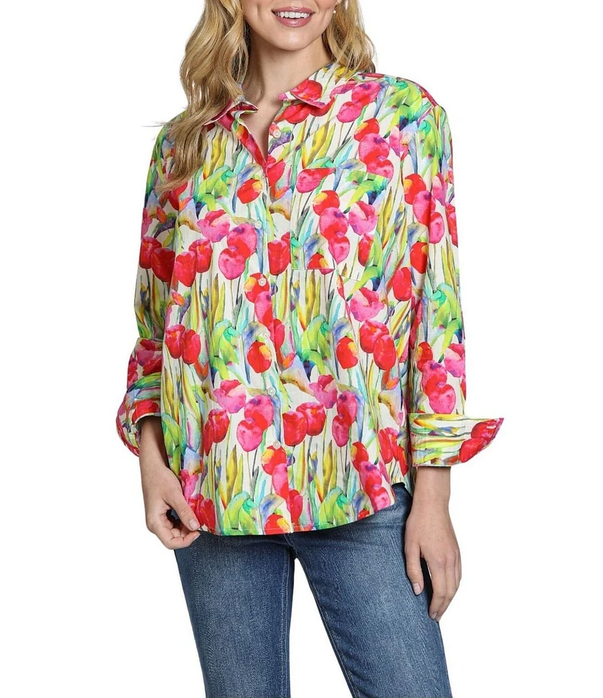 APNY Woven Tullip Printed Spread Collar Long Sleeve Button Front Shirt