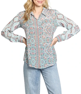 APNY Woven Printed Spread Collar Long Sleeve Button Front Shirt