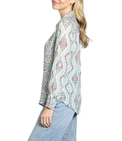 APNY Woven Printed Spread Collar Long Sleeve Button Front Shirt