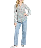 APNY Woven Printed Spread Collar Long Sleeve Button Front Shirt