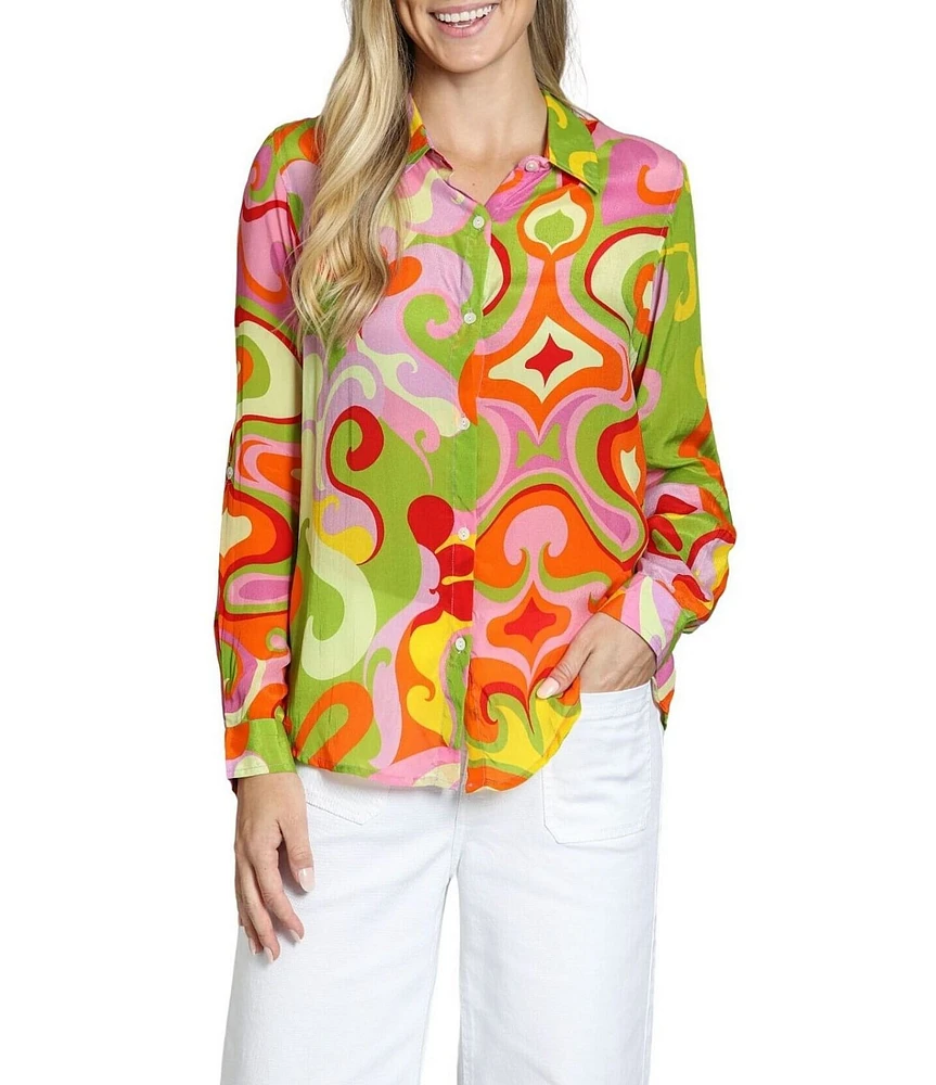 APNY Woven Printed Spread Collar Long Sleeve Button Front Top