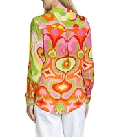 APNY Woven Printed Spread Collar Long Sleeve Button Front Top