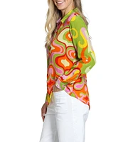 APNY Woven Printed Spread Collar Long Sleeve Button Front Top