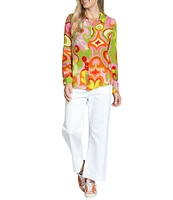 APNY Woven Printed Spread Collar Long Sleeve Button Front Top