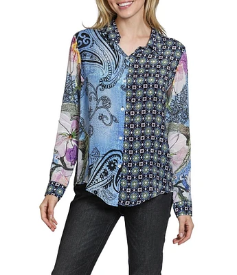 APNY Woven Printed Spread Collar Long Sleeve Shirt
