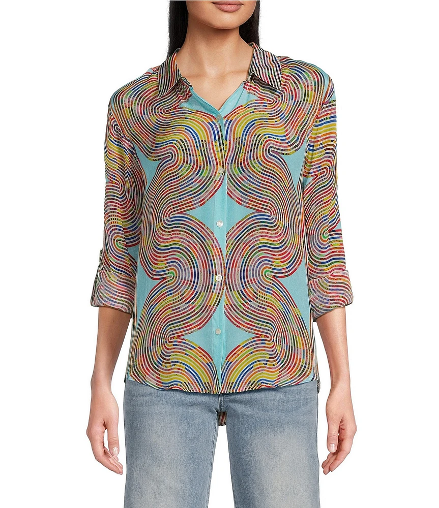APNY Woven Printed Spread Collar Long Sleeve Shirt