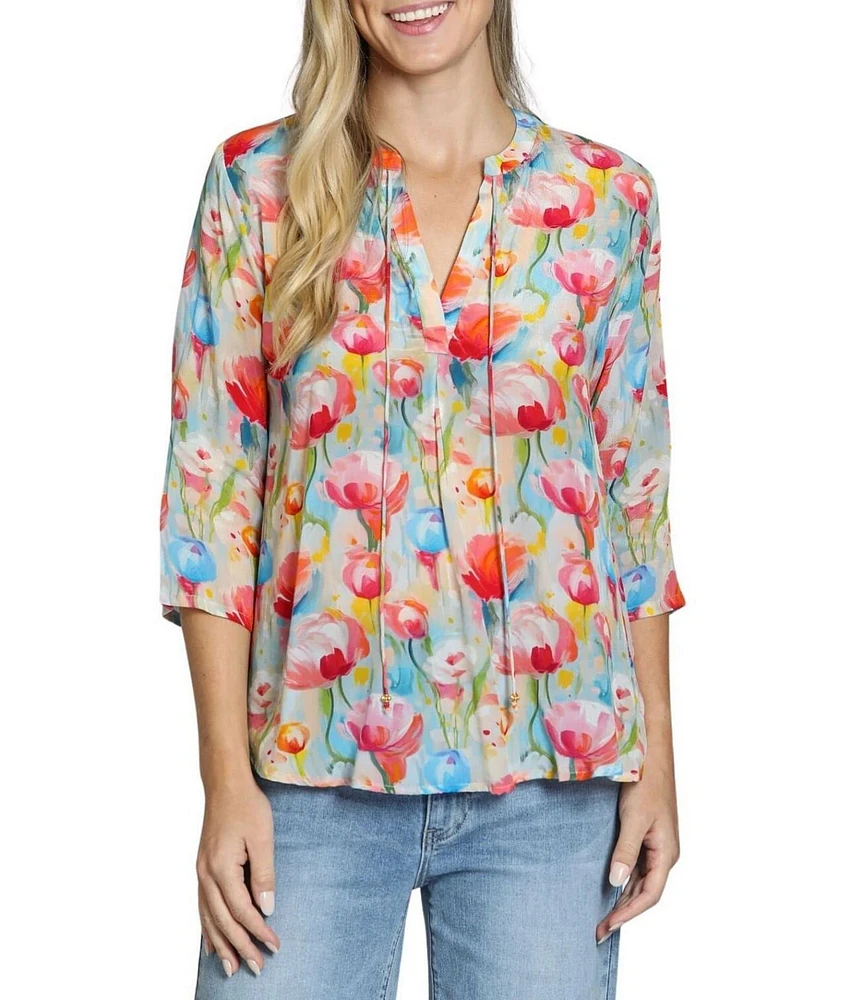 APNY Woven Printed V-Neck 3/4 Sleeve Blouse