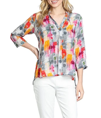 APNY Woven Printed Tassel V-Neck Long Sleeve Blouse
