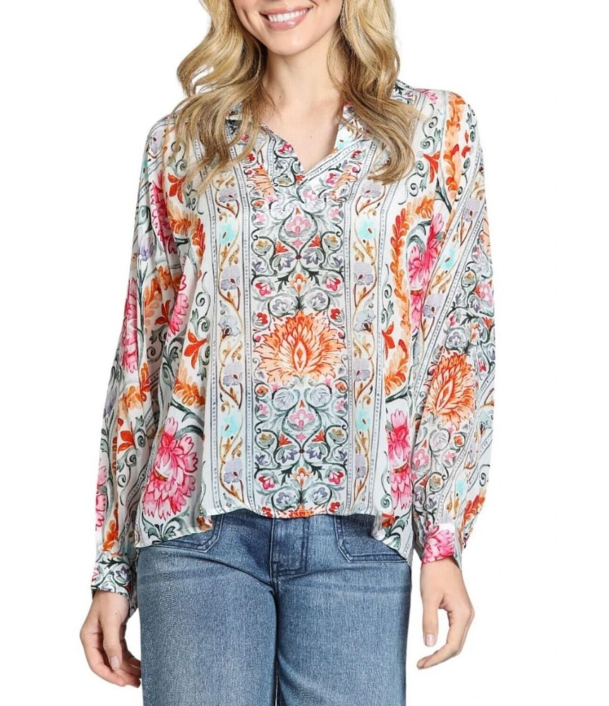 APNY Woven Printed V-Neck Half Placket Long Sleeve Blouse