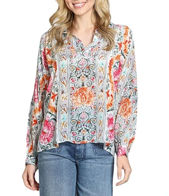 APNY Woven Printed V-Neck Half Placket Long Sleeve Blouse