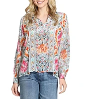 APNY Woven Printed V-Neck Half Placket Long Sleeve Blouse