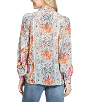 APNY Woven Printed V-Neck Half Placket Long Sleeve Blouse