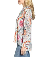 APNY Woven Printed V-Neck Half Placket Long Sleeve Blouse