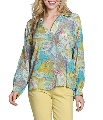 APNY Woven Abstract Printed V-Neck Long Sleeve Blouse