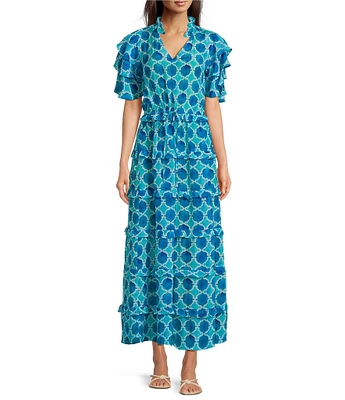 APNY Woven Printed V-Neck Short Ruffle Sleeve Tiered Maxi A-Line Dress