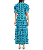 APNY Woven Printed V-Neck Short Ruffle Sleeve Tiered Maxi A-Line Dress