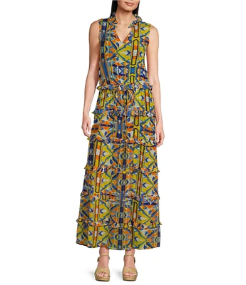 APNY Woven Printed V-Neck Sleeveless Tiered Maxi A-Line Dress