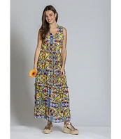 APNY Woven Printed V-Neck Sleeveless Tiered Maxi A-Line Dress