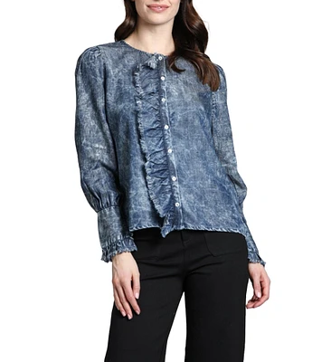 APNY Woven Round Neck Puff Sleeve Blouse