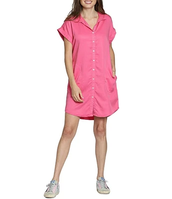 APNY Woven V-Neck Short Sleeve Button Front Shirt Dress