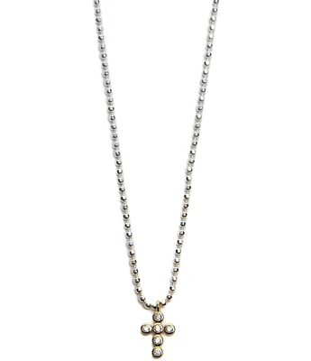 Argento Vivo Two Tone CZ Cross Ball Chain Short Pendant Necklace