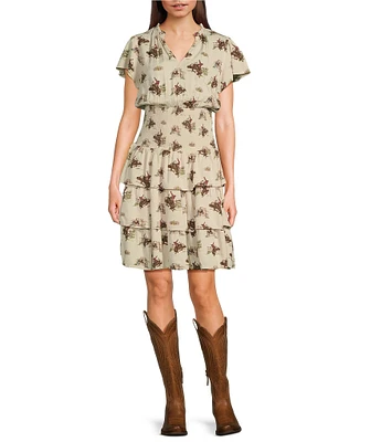 Ariat Stellar Round Up Print Smocked Tiered Dress