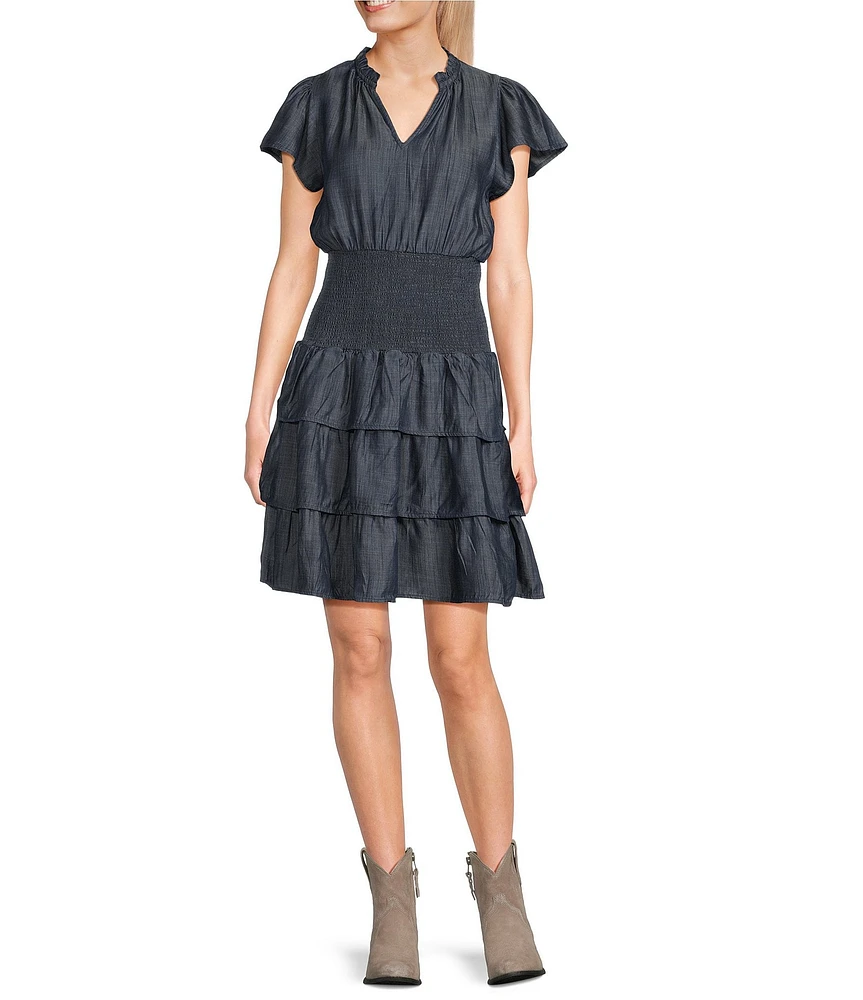 Ariat Stellar Smocked Ruffle Tiered Chambray Dress