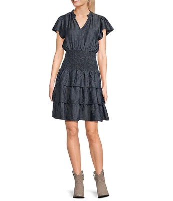 Ariat Stellar Smocked Ruffle Tiered Chambray Dress