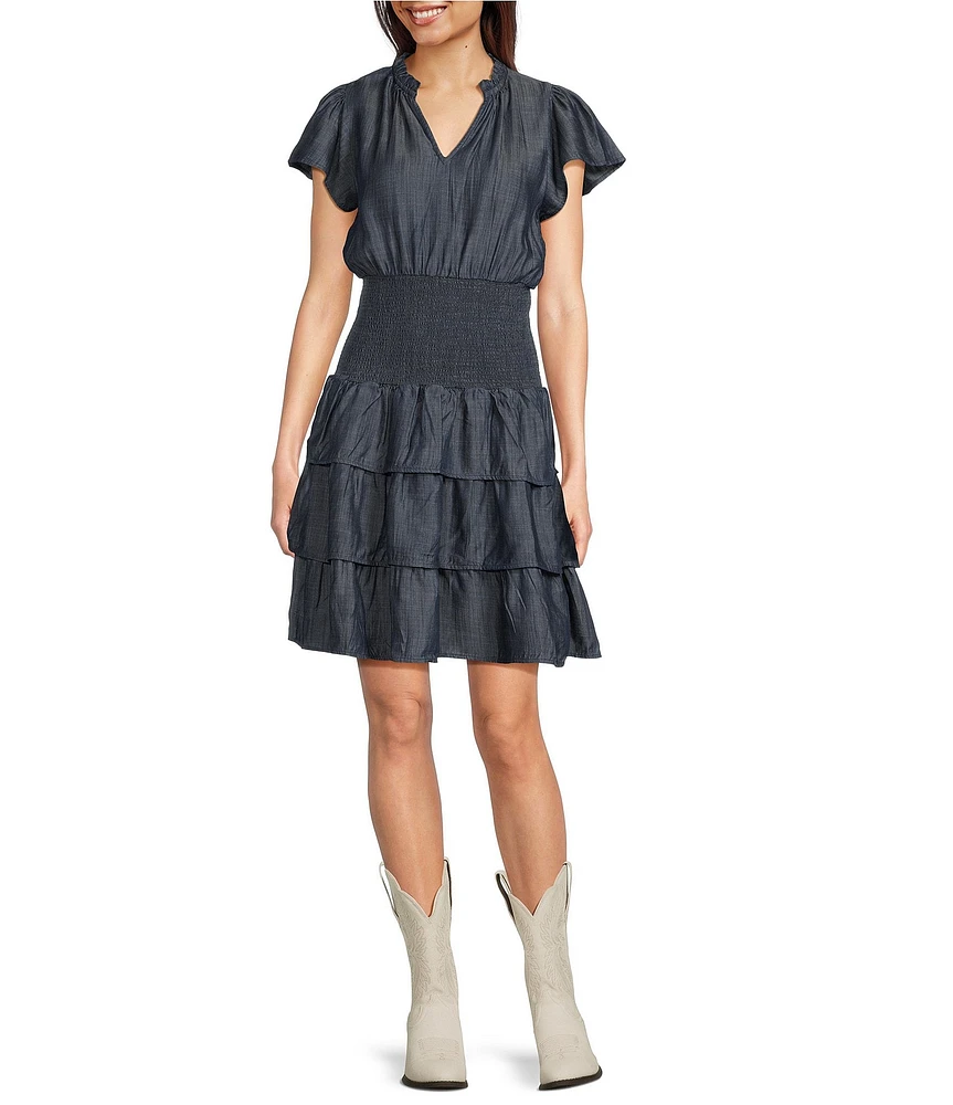 Ariat Stellar Smocked Ruffle Tiered Chambray Dress