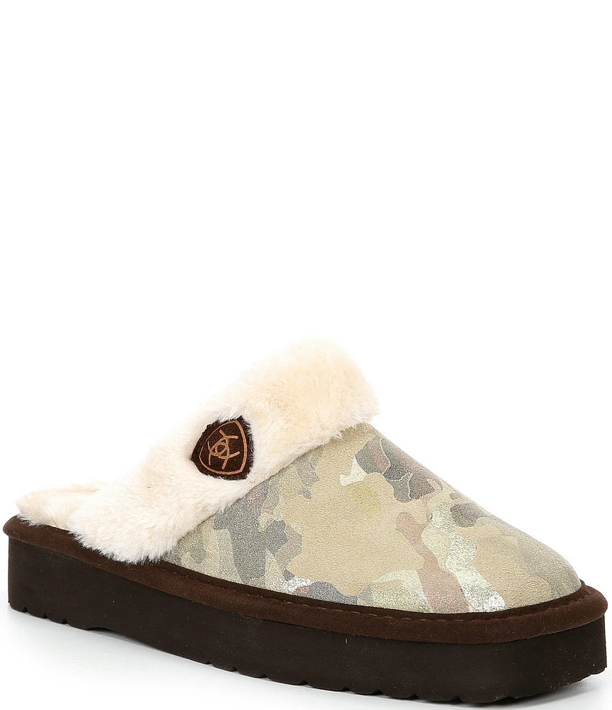 Ariat Women's Jackie Square Toe Faux Fur Glitter Suede Camo Slippers