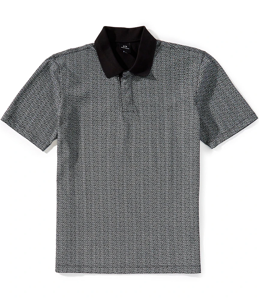 Armani Exchange Allover Logo Print Stretch Short Sleeve Polo Shirt