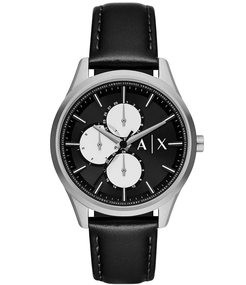 Armani Exchange Men's Dante Silver Tone Multifunction Black Leather Strap Watch