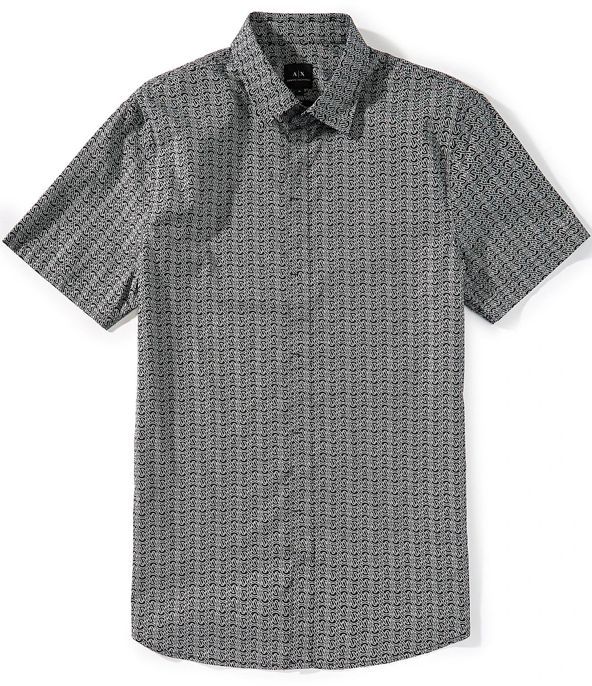 Armani Exchange Slim Fit Circle AX Logo Stretch Short Sleeve Woven Shirt