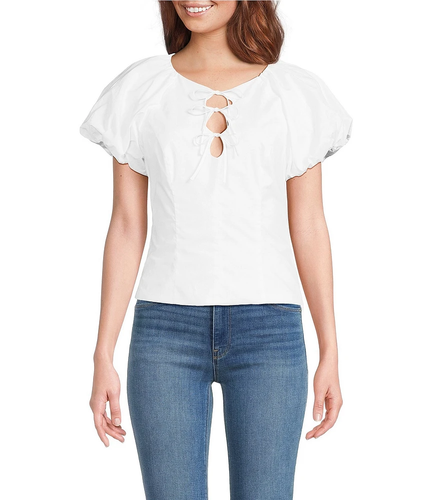 ASTR the Label Aine Poplin Crew Neck Bubble Sleeves Tie Bow Top