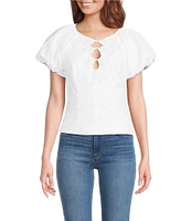 ASTR the Label Aine Poplin Crew Neck Bubble Sleeves Tie Bow Top