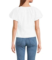 ASTR the Label Aine Poplin Crew Neck Bubble Sleeves Tie Bow Top